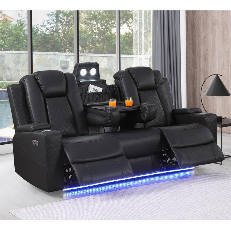 Tiertza Leather 82" Wide Power Reclining Sofa W/ Wireless Charger & Tray Table, Black