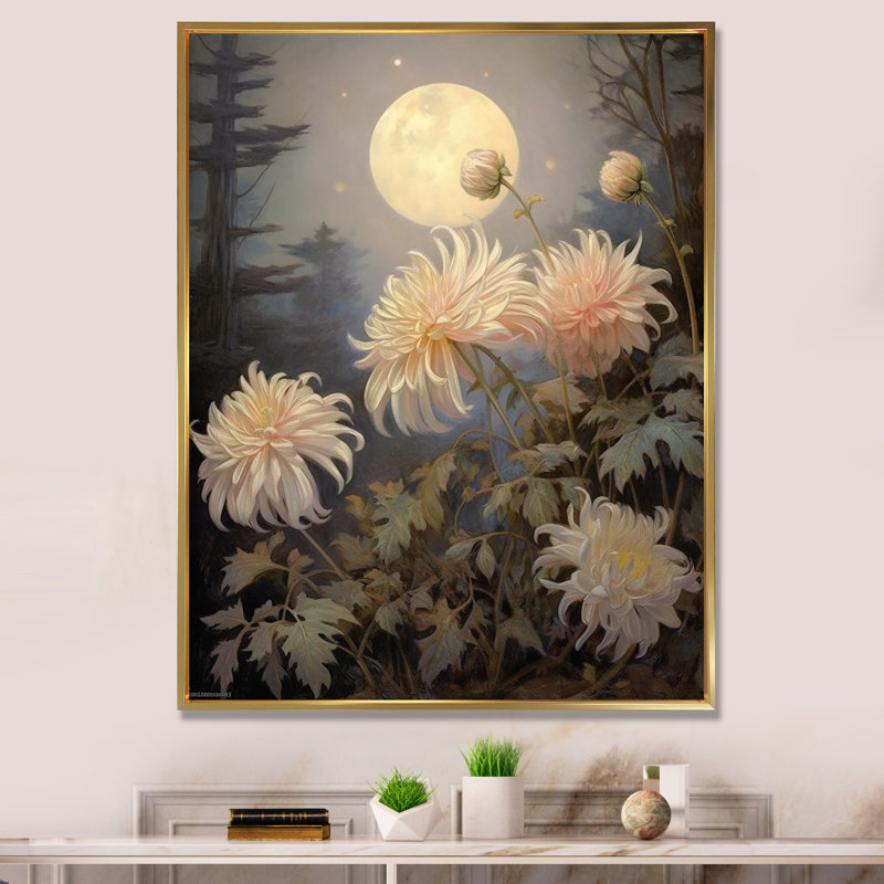 «Blooming Pastel Chrysanthemum Retro Full Moon» sur impression sur toile, Cadre flottant doré, H 40 po x l 30 po x P 1,5 po