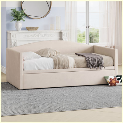 Twin Size Daybed with Extended Pop Up Trundle, Upholstered Sofa Bed Daybed, Space-Saving Twin to King Design, Ideal for Guest Room, Velvet,Beige