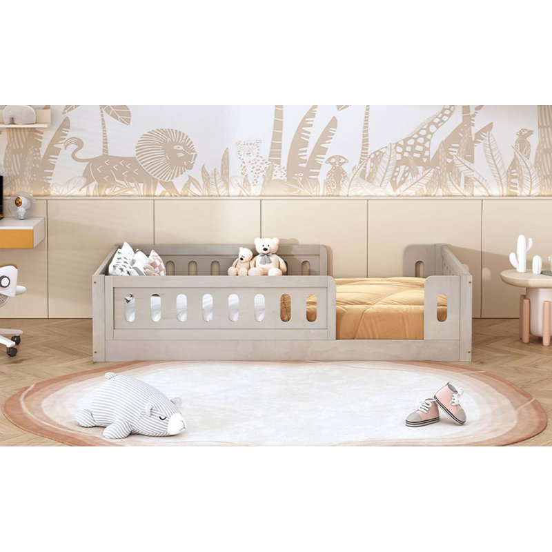 Lit plateforme en bois avec garde-corps, Naturel