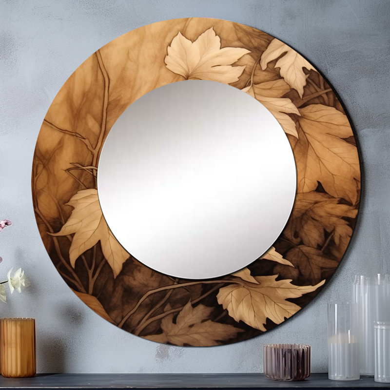 «Brown Beige Leafs» Harmony III - miroir unique floral, grand miroir mural rond traditionnel, impression d'art en métal