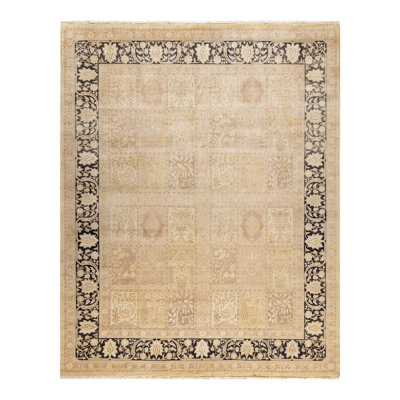 Tapis traditionnel ivoire / sable / noir noué à la main de conception unique 8 pi 4 po x 10 pi 6 po Keller