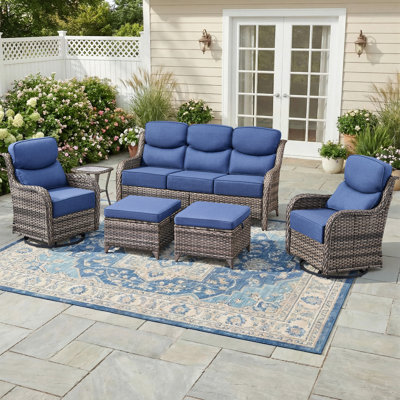 7 - Person Luxury Wicker Patio Furniture Set With 6-Inch Extra-Thick Cushion Swivel Chairs, Ottomans, Side Table
