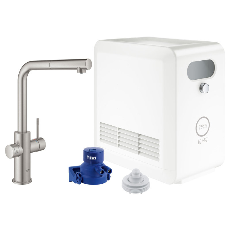 Blue Pull Out Single Handle Kitchen Faucet with Accessories, SuperSteel Infinity
