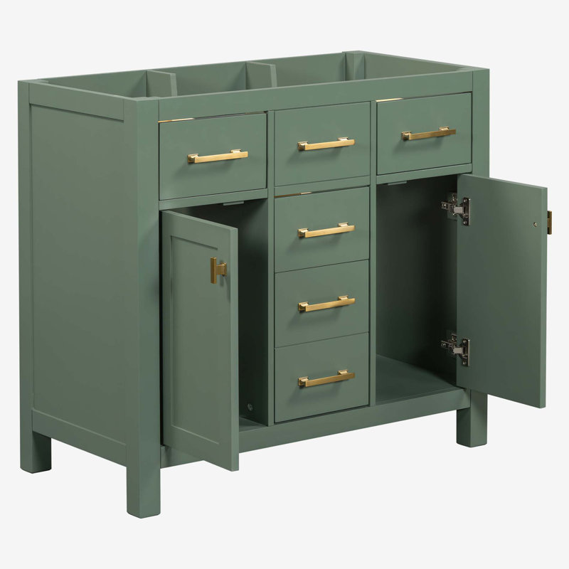 36" Green Solid Wood Bathroom Vanity Cabinet with Gold Hardware