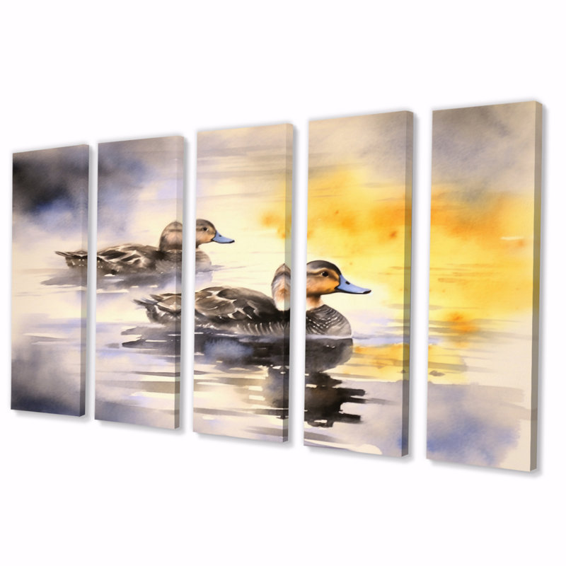 «Ducks In Pond IV», reproduction d'art sur toile - 5 panneaux égaux