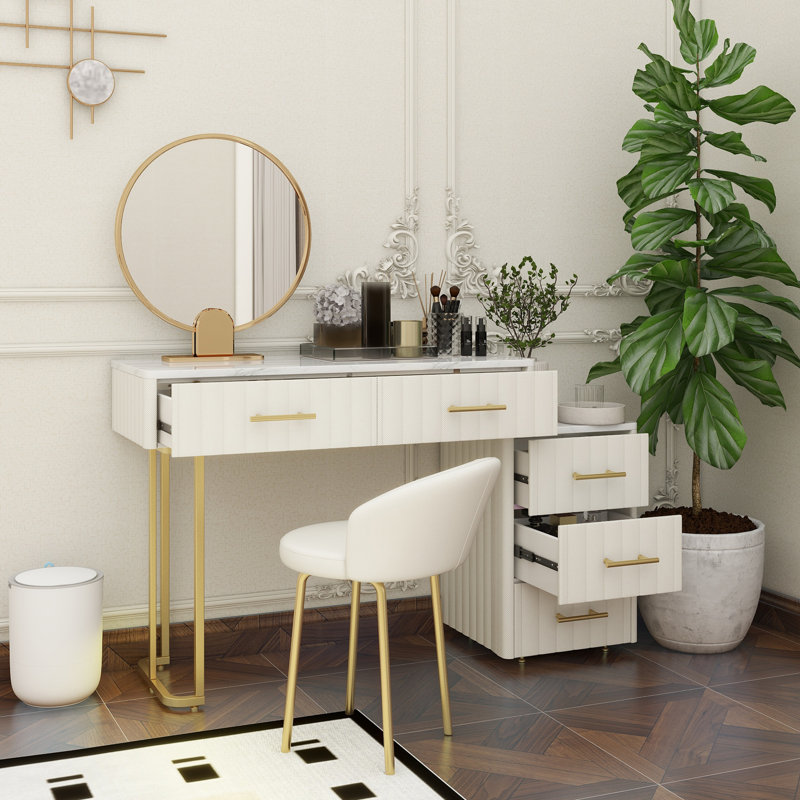 Velvet Upholstered Vanity Desk With Chair, Vanity Set With 5 Big Drawers, Makeup Table With Padded Chair, Marble-Look Sticker Top Dressing Table With Left/Right Adjustable Storage, White