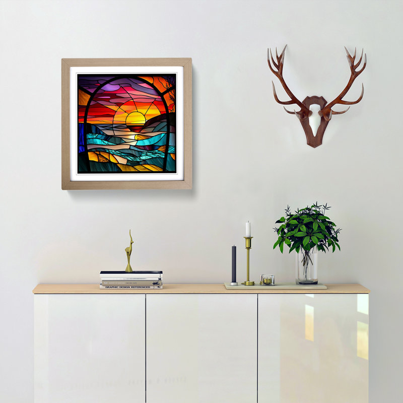 Sunset Stained Glass Effect - Framed Print, Oak