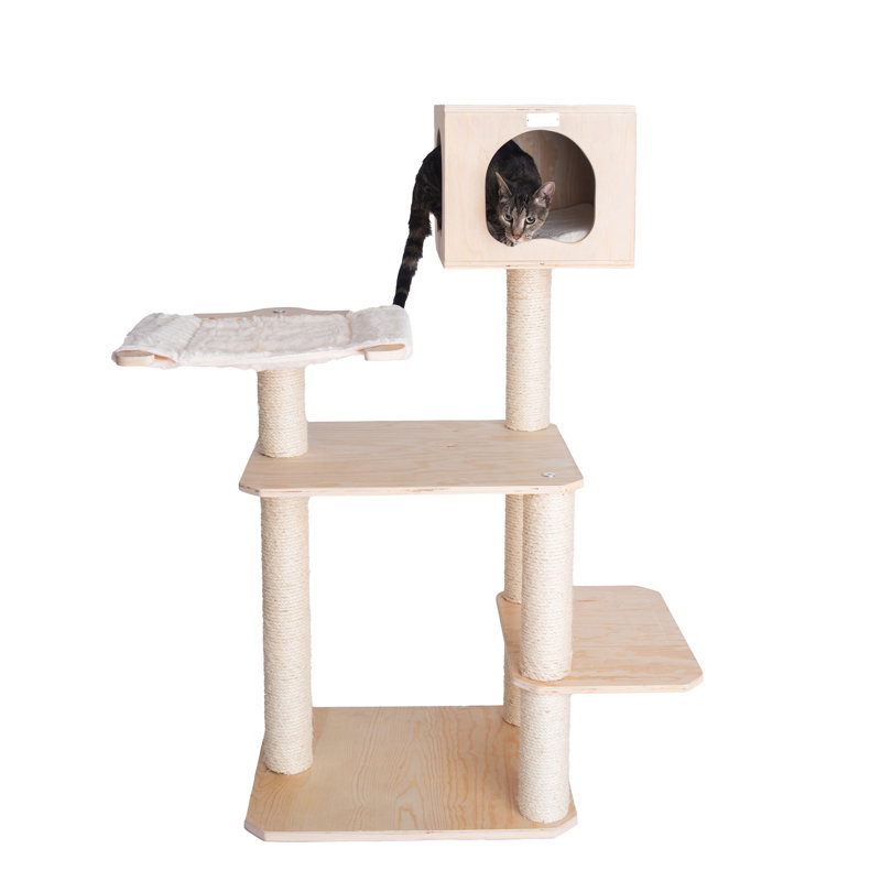 Natural Pine Freestanding Outdoor Cat House with Sisal Posts