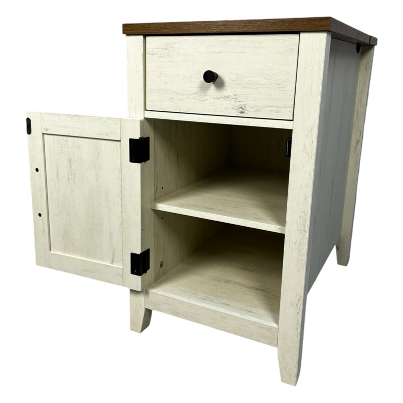 Night Stand With Ports - Brown And White Drawer Barn Door Cabinet For Bedroom End Table Charging Spacious