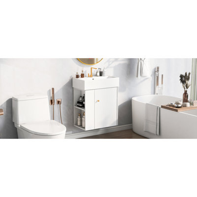 Meuble-lavabo de 21,6 po avec lavabo en céramique - Compartiment de rangement du côté gauche, moderne, blanc