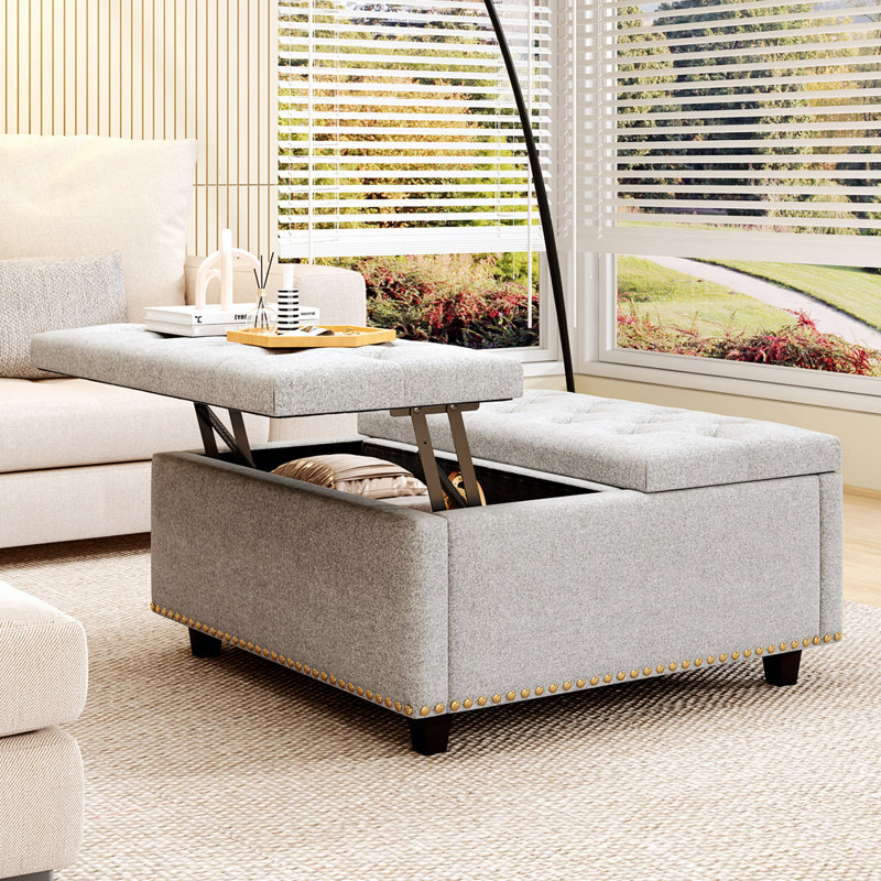Mid-century Coffee Table with Nailhead Inlay,Modern Storage Stool with 2 Storage Doors, Light Gray
