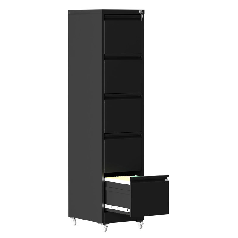 5 Drawer Vertical File Cabinet In Black Metal With Wheels, Ample Room For A4/Letter/Legal Size, Waterproof And Easy - To Clean, Quiet Opening Heavy Duty On Secure Lock All Drawers, Bearing Slides,