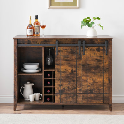 Bar Farmhouse avec portes de grange coulissantes - Buffet 47 po avec support à vin pour 16 bouteilles, rangement pour bar à café et tablette réglable - idéal pour la cuisine, la salle à manger ou le salon
