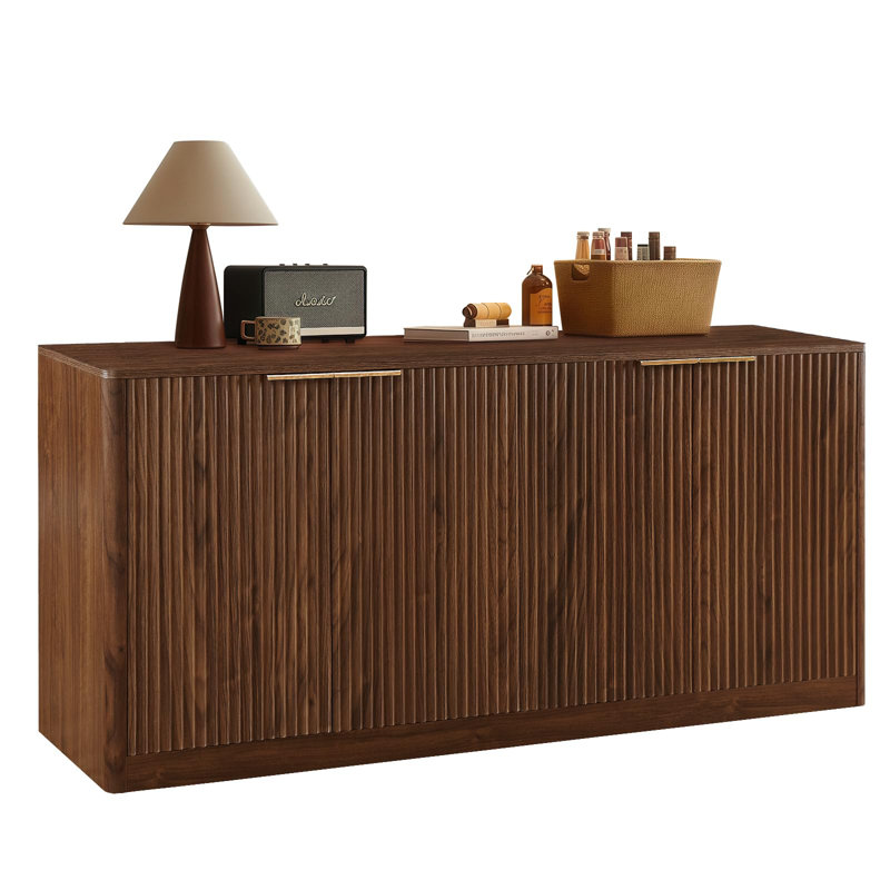 Modern Wavy Sideboard, Curved Design Storage Cabinet with 4 Doors, Multi-functional for Kitchen, Bedroom, Living Room, Walnut