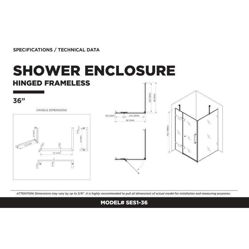 Porte de douche à charnière sans cadre l 36 po x H 74,25 po, Noir
