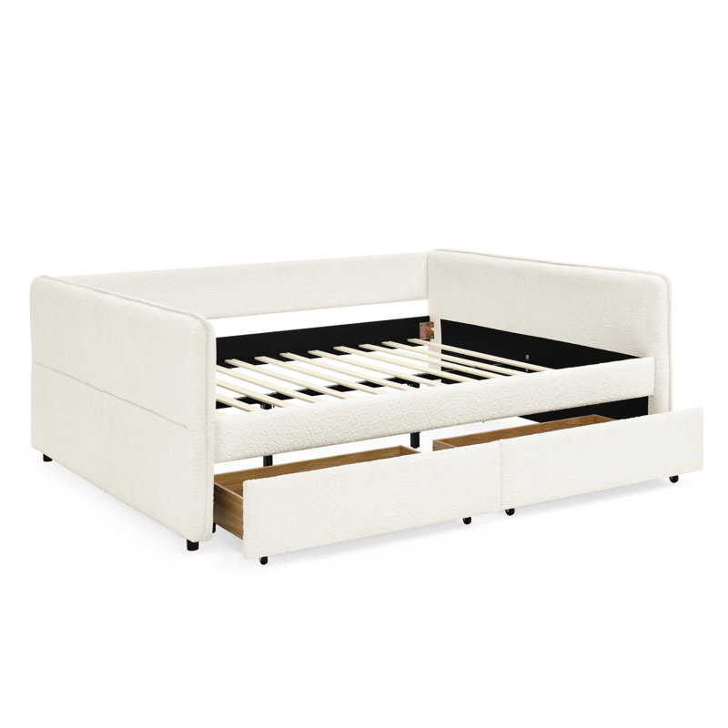 Queen Size, Upholstered Daybed, Trundle, 2 Drawers For Storage, Beige Boucle Material, Vertical Stripe On Back, Comfortable Foam Sides, Simple Assembly Setup Storage Units, Boucle, Pattern , Optimal
