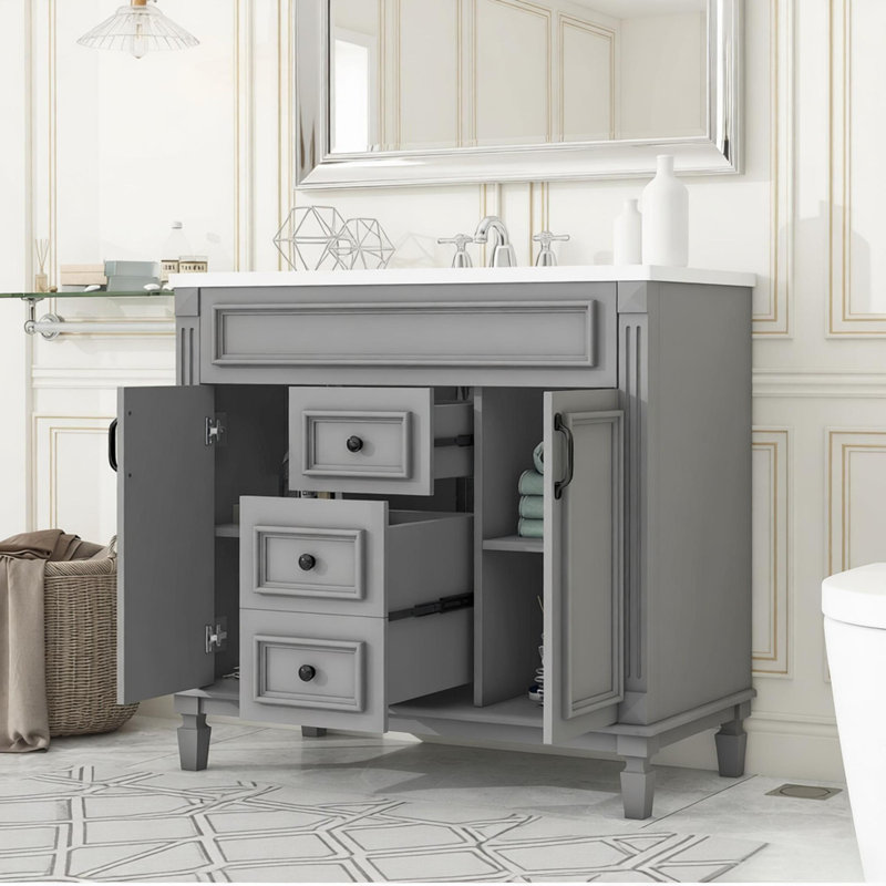Meuble-lavabo moderne 36 po avec lavabo en résine, 2 portes à fermeture douce et 2 tiroirs, Gris