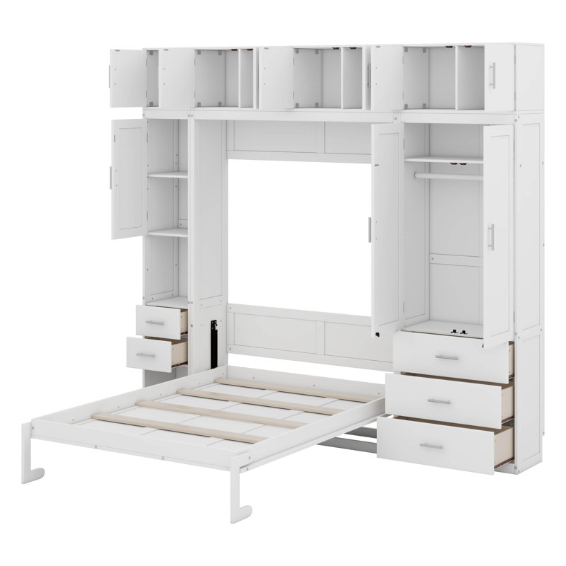 Base de lit plateforme pliable, lit escamotable avec casiers et tablettes avec armoires de rangement