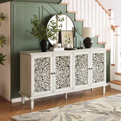 Armoire antique de 60 po avec sculptures florales ajourées, construction en bois massif, tablettes réglables et poignées en laiton - un buffet fonctionnel pour les pieds de buffet de couloir de salle à manger, meuble télé convenable de 65 po et plus
