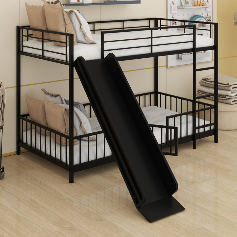 Metal Bunk Bed With Slide And Guardrails, Black