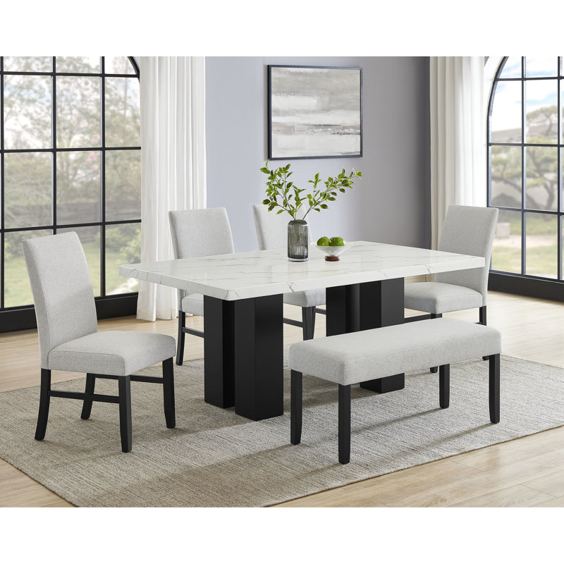 Banc contemporain gris avec siège, tissu neutre doux, finition foncée pour les pieds de la salle à manger et la pièce en tissu, style
