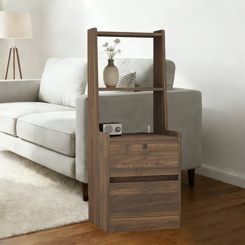 Table de chevet moderne avec tablettes et veilleuse USB intégrée, tiroir verrouillable et éclairage de nuit réglable, Bois