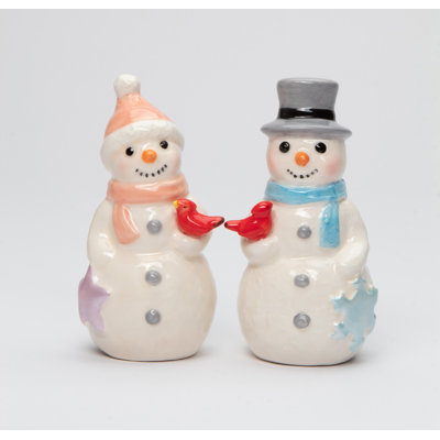 Snowman Couple With Cardinal Salt And Pepper Shaker Set