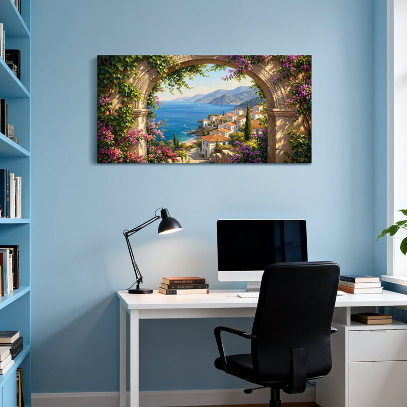 Vue panoramique et paysages urbains de la Méditerranée avec des fleurs et de la mer, H 20 po x l 40 po