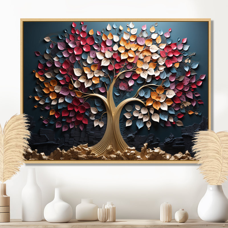 Arbre doré rose et bleu sur fond bleu - Art mural arbre, H 24 po x l 32 po x P 1 po, Cadre flottant en érable