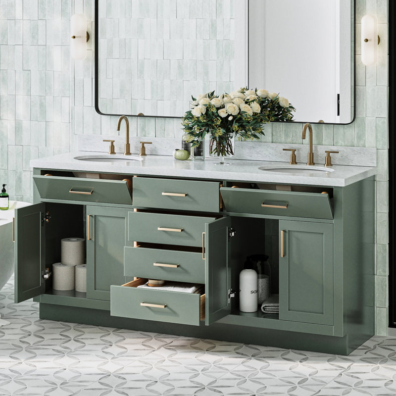 Thornaby 72'' Solid Wood Double Bathroom Vanity with 1.5'' Carrara Marble Top, Vintage Green