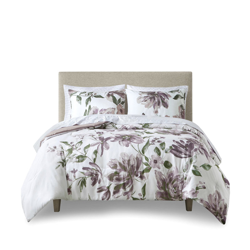 Grand édredon floral avec draps 100% mauve, taupe, Édredon grand + 5 taies d'oreiller standard