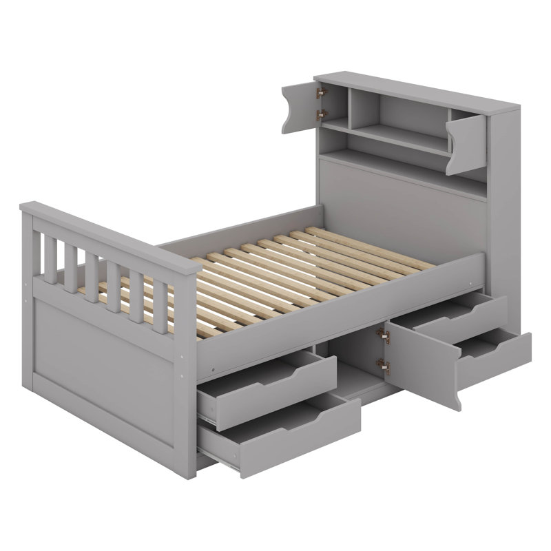 Lit plateforme multi-fonctions avec 4 tiroirs de rangement, bibliothèque et tablettes, Gris