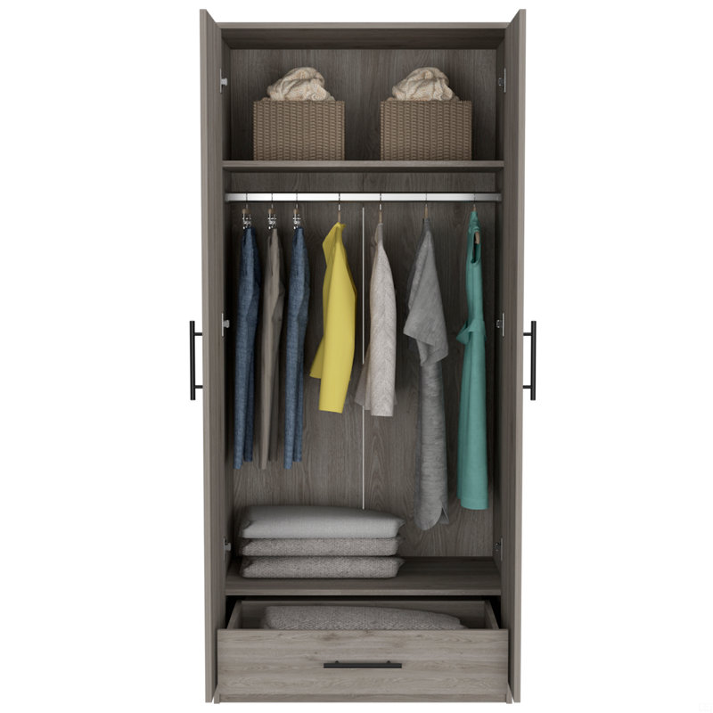 Armoire, armoires à deux portes, tringle en métal, poignée en métal, deux tablettes, un tiroir