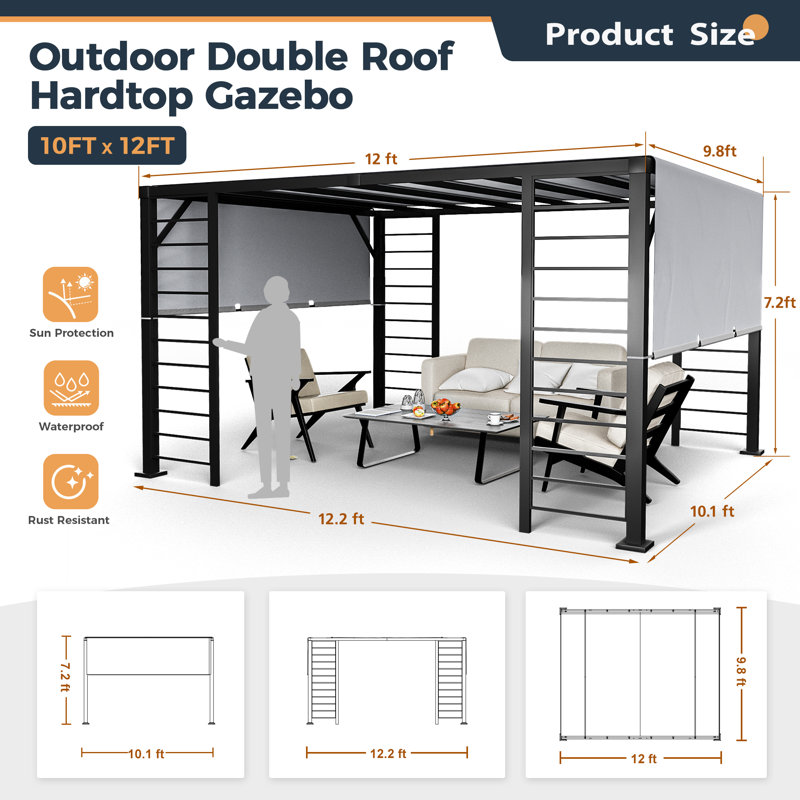 Happatio 12 pi. L 10 pi. Pergola en aluminium avec auvent