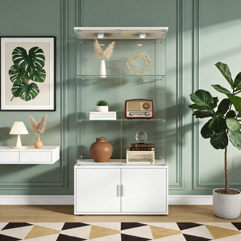 White Double-Door, Four-Tier Storage And Display Cabinet; Remote-Controlled Ambient Lighting; Adjustable Legs; Multi-Functional Living Room Wine Cabinet And Filing Cabinet.