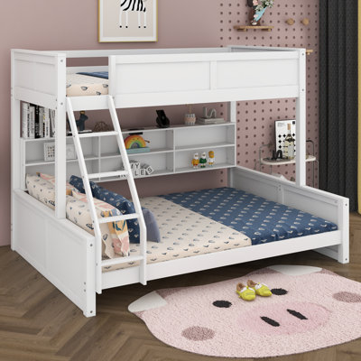 Modern Twin XL Over Queen Bunk Bed With Built-In Storage Cabinets And USB Ports, Solid Wood Bunk Bed Frame With Ladder by Harriet Bee
