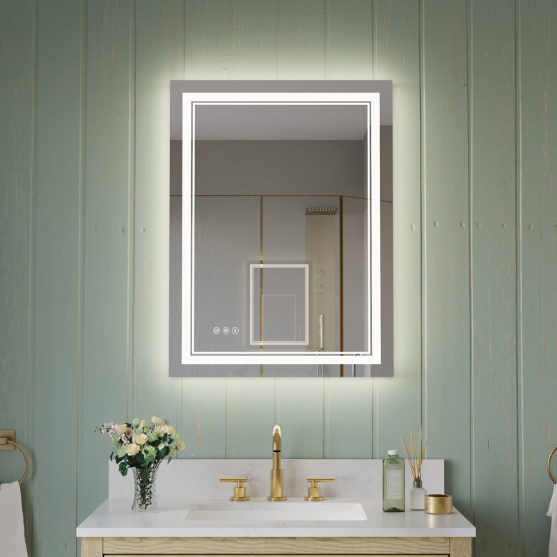 Miroir de salle de bain mural 24 po x l 32 po avec interrupteur tactile, mémoire et antibuée