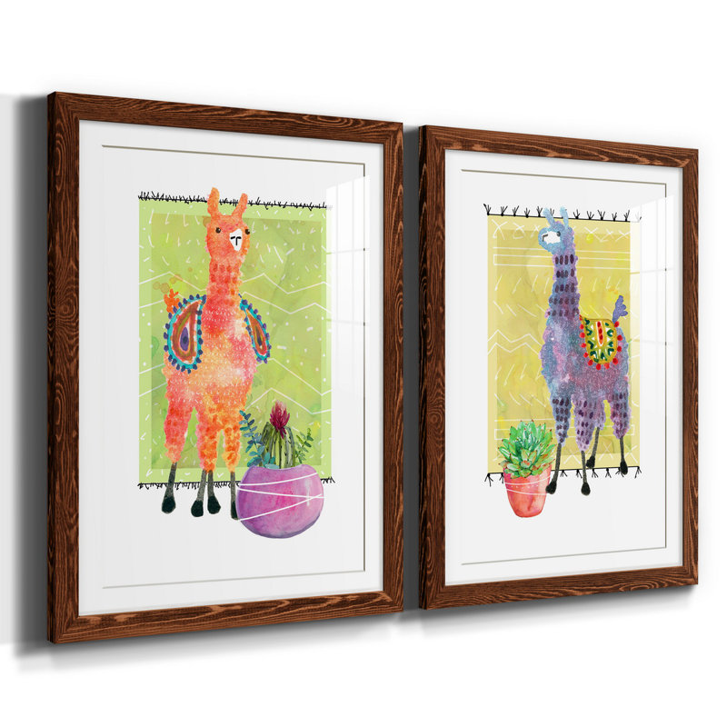 «Lovely Llama I», ensemble de 2 reproductions d'art, Papier avec cadre érable, Blanc, H 37,5 po x l 55 po x P 1,5 po