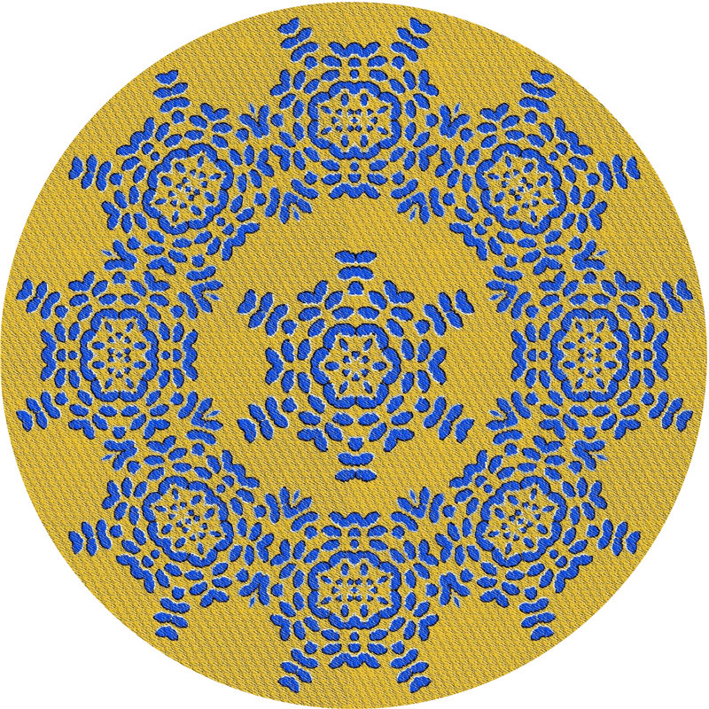 Tapis bleu/jaune à motifs, Rond 3 pi