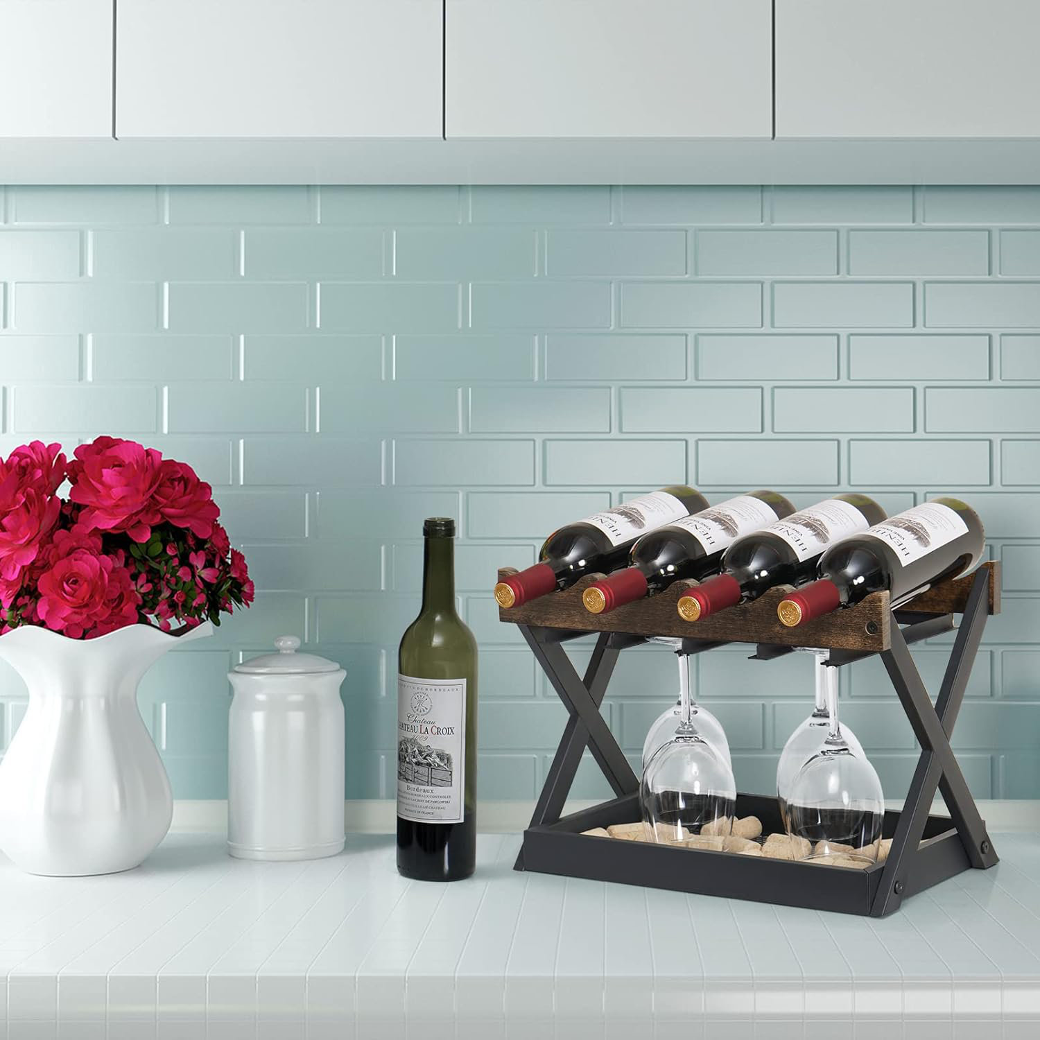 17 Stories Wine Rack Countertop With Glass And Cork Holder 3In1 Wooden ...