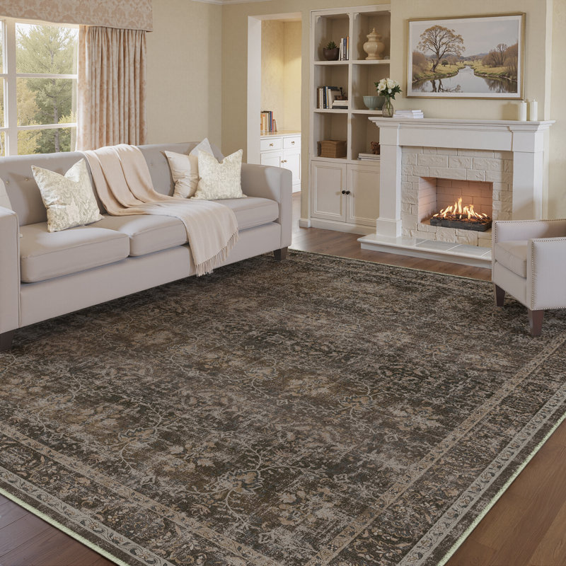 Vintage Floral Area Rug in Gray Brown, Rectangle 9' x 12'