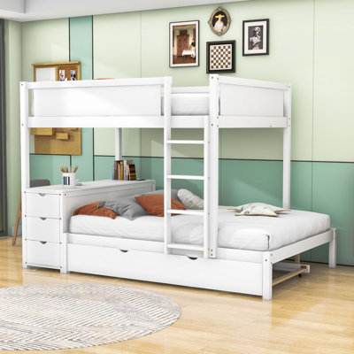 Three Drawers Bunk Bed With Twin Trundle, Built-In Desk And Usb Ports