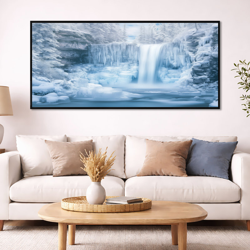 Art mural cascade, toile cascade de glacier, cascade glacier, Cadre flottant noir, H 28 po x l 60 po