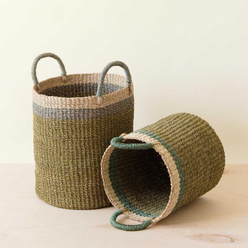 Cylinder Basket with handles, nested set of 2, Green