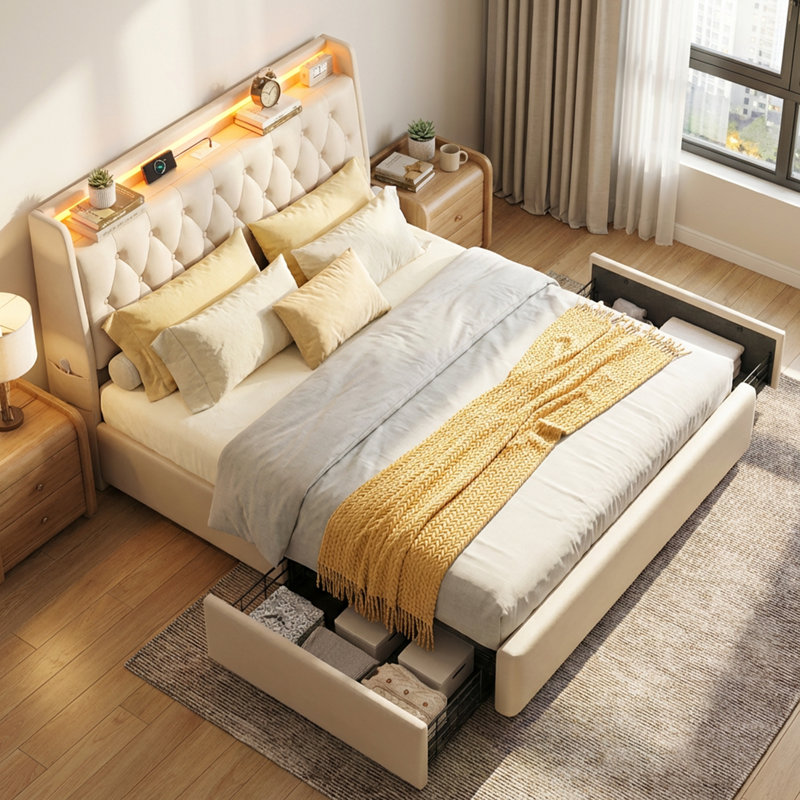 Full Size Beige Upholstered Bed with Tufted Headboard, 2 Storage Drawers & LED Lights, Full, Beige
