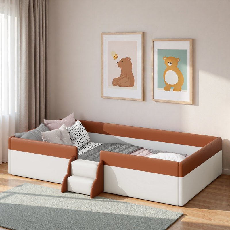 Structure de lit de jour rembourré avec clôture et escalier, Lit simple