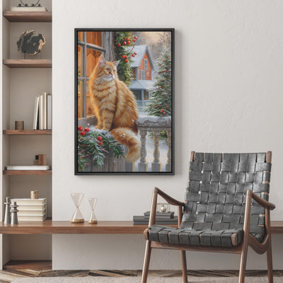 Scène d'hiver douillette avec un chat orange moelleux près d'une fenêtre de porche décorée, art moderne chaleureux