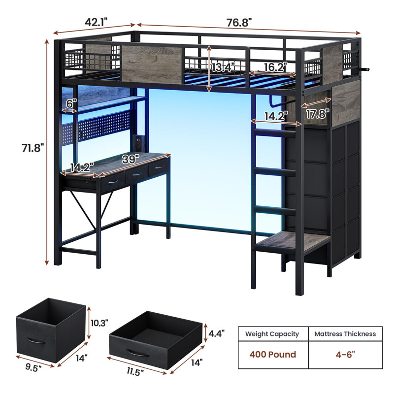 Loft Bed Twin Size With Desk And 11 Storage Drawers, Metal Loft With Rgb Lights, Charging Station, Gray