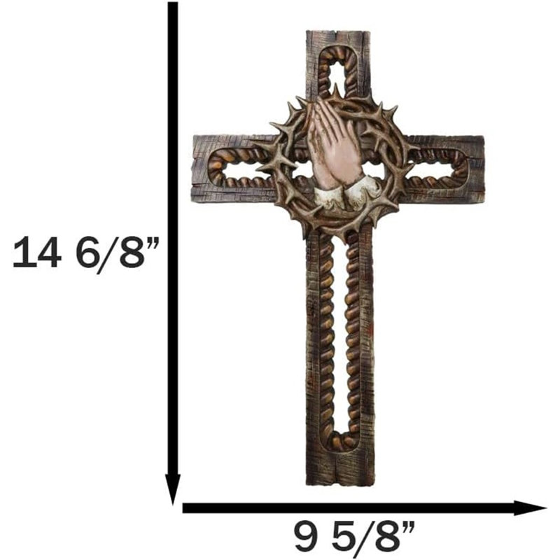 Mains priant avec couronne d'épines, croix murale à découpes rustiques
